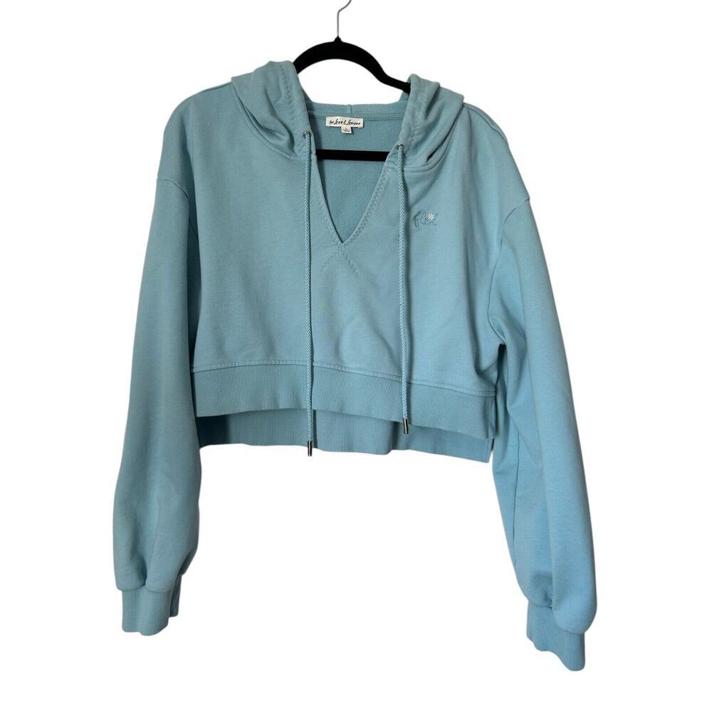 For Love and Lemons Sweatshirt Lg Pastel Blue Harper Long Sleeve Cropped Hoodie